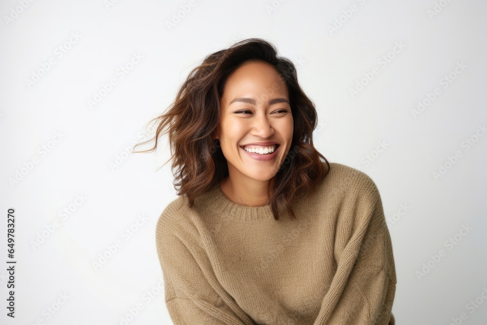 Attractive woman with curly brown hair smiling at camera in studio