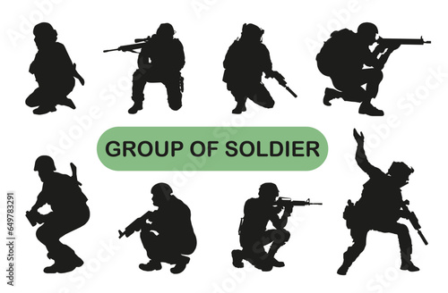 Modern soldier in combat positions. Vector graphics. Black silhouette on a white background.