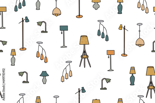 Seamless pattern of lighting fixtures for home decor. Decorative table lamp. Lighting for interior design. Vector illustration