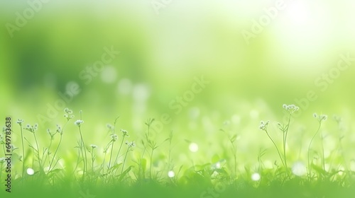 3D rendering of light green blurred green grass, beautiful little flowers, natural lighting, copy space for text, For website, app, ads, banners, backdrop use