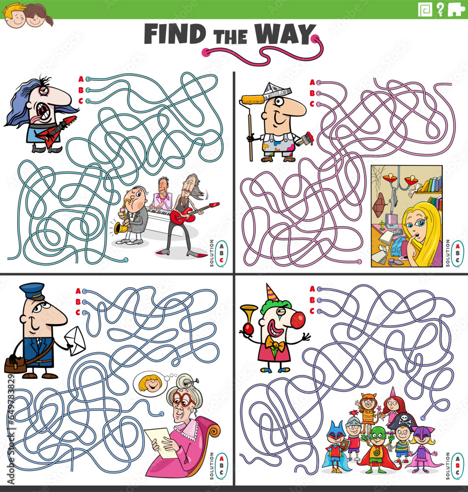 Fototapeta premium find the way maze games set with people and their occupations