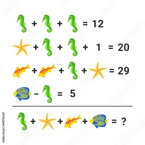 Vector illustration. Math game worksheet, with sea animals and fish. Vector riddle or counting game with cartoon fish, starfish and sea horse