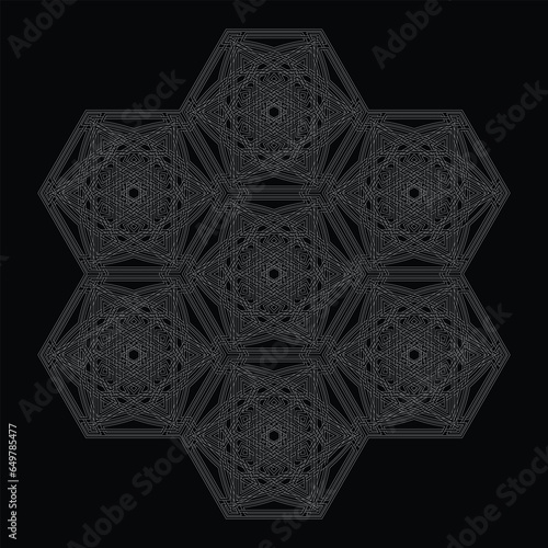 Hexagram star vector pattern ornament with circular circle and floral geometric background inside single huge circular heptagon lining vector background coloring book