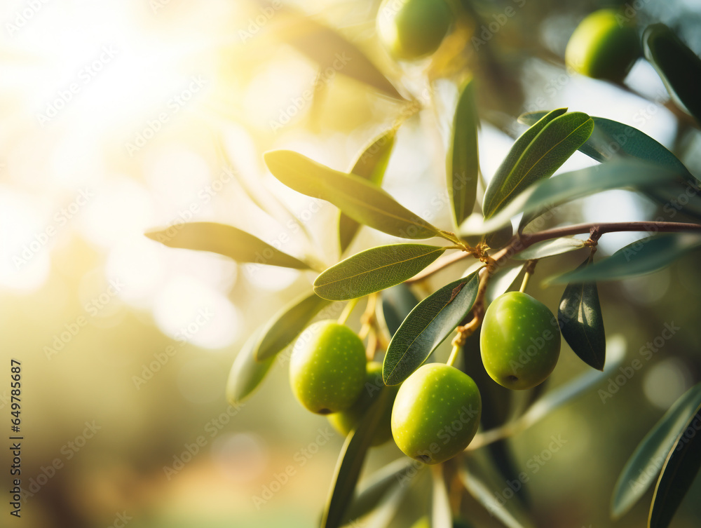 Olives in an olive grove. It has started to ripen and is ready to be harvested. Morning sun from behind.
