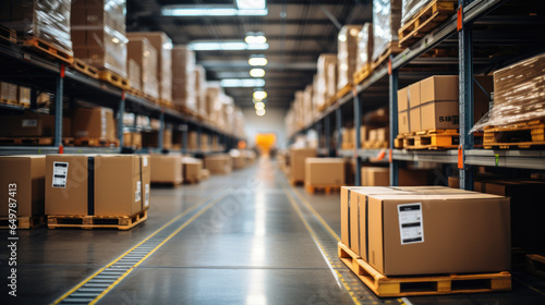 A large warehouse with numerous items. Rows of shelves with boxes. Logistics. Inventory control, order fulfillment or space optimization. photo
