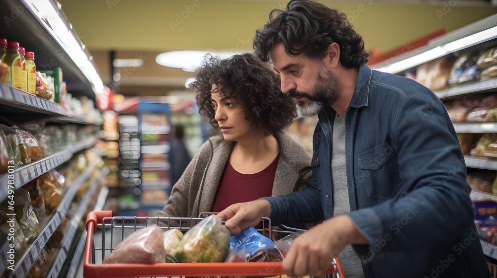 pareja latina en el supermercado haciendo compras en los pasillos y adquiriendo productos, con carrito del supermercado y en pareja haciendo compras