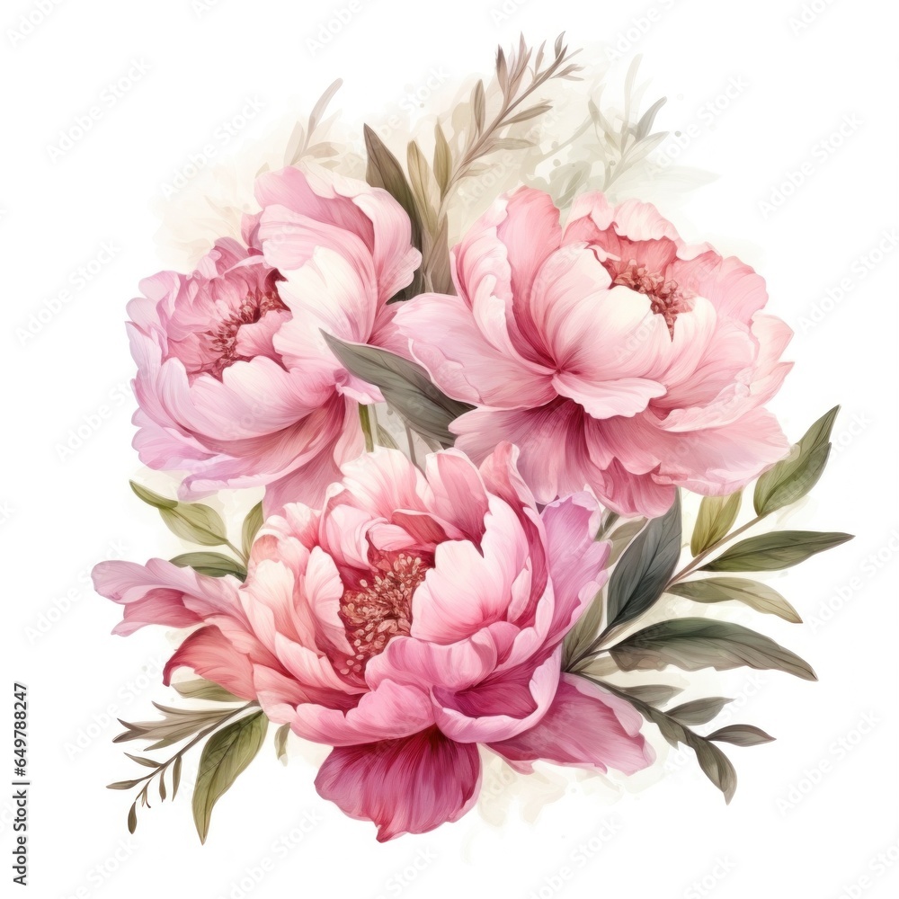 Watercolor style peony flowers illustration on white background