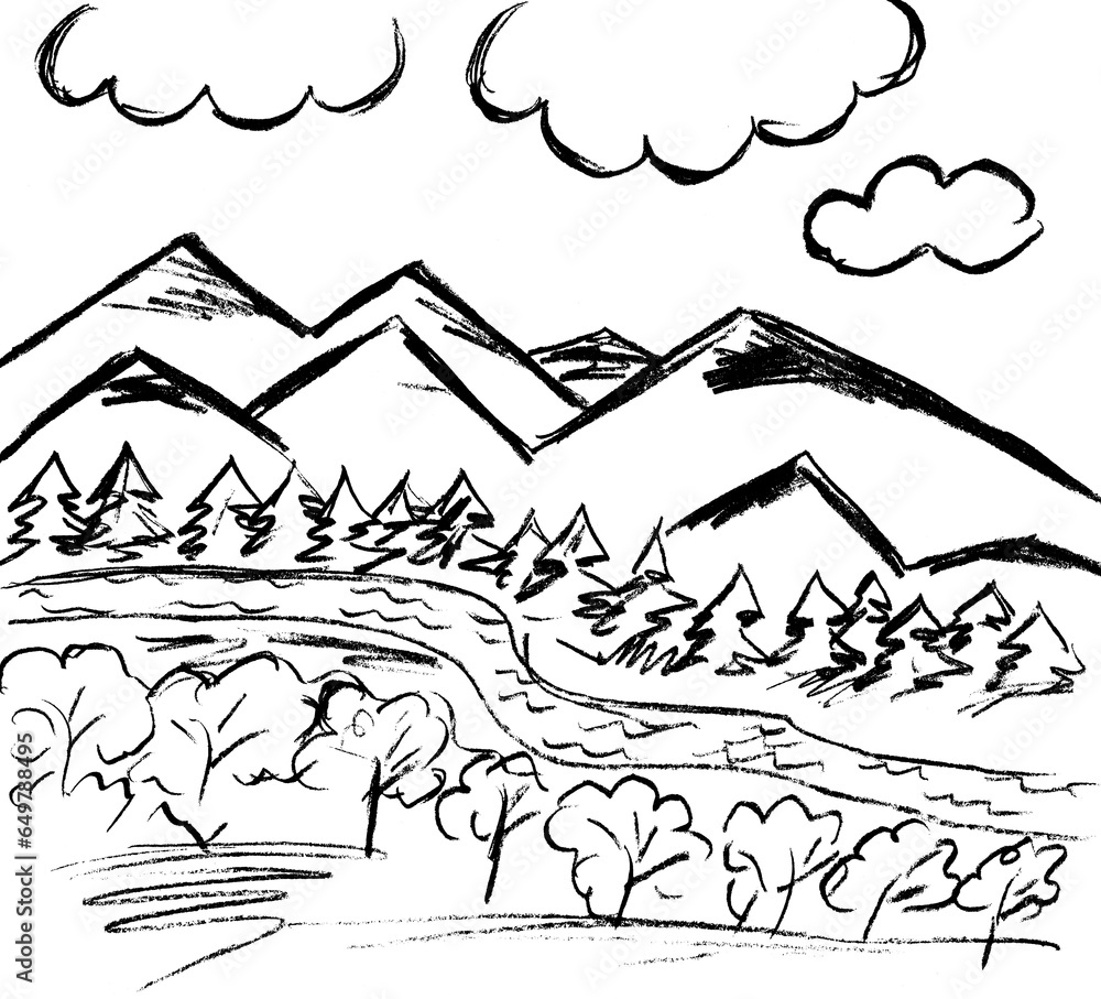 Mountain landscape with fir trees, trees and a river