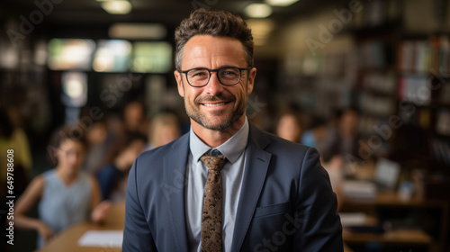 a photo portrait of a handsome american male school teacher with glasses standing in the classroom. students sitting and walking in the break.