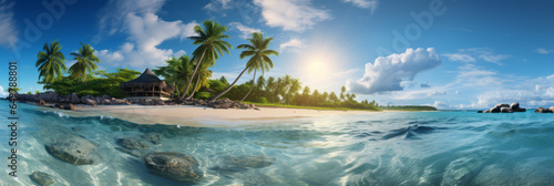 A tropical paradise. Blue skies, sunshine. Vacation destination. Crystal clear water. Island paradise. Palm trees. Beach.