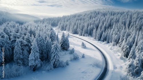 Curvy windy road in snow covered forest