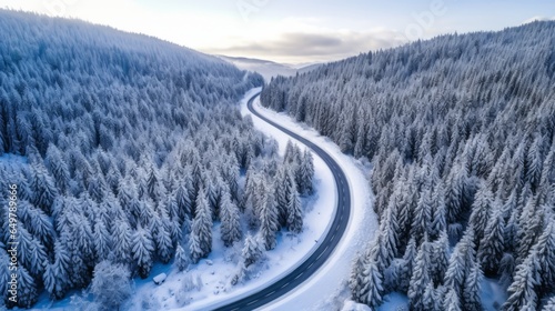 Curvy windy road in snow covered forest
