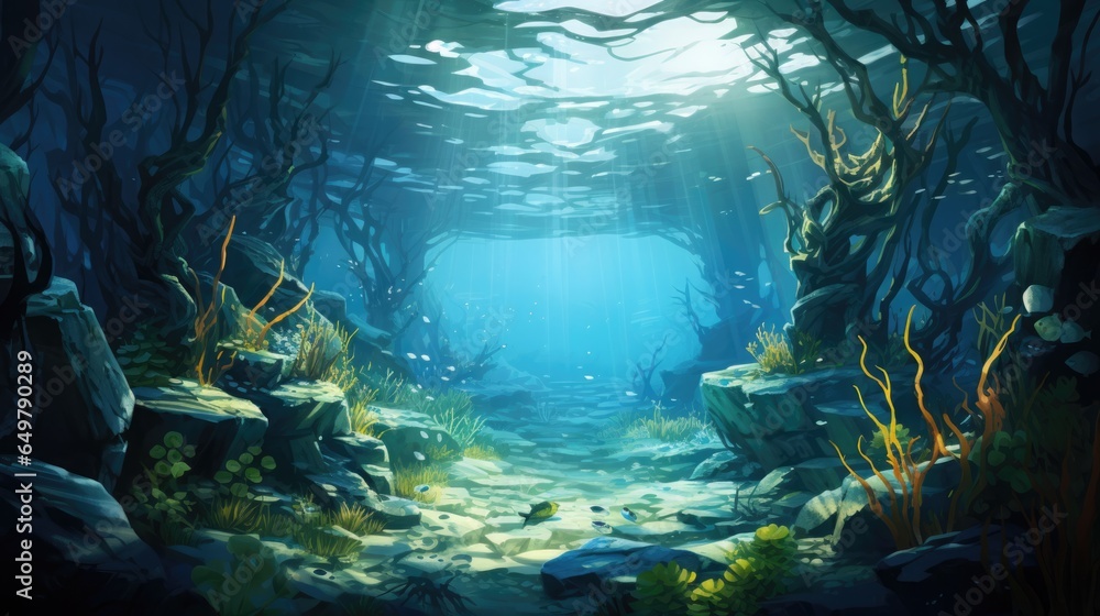 Obraz premium Serene sea underwater landscape, sun rays breaking through clear water. Various beneficial algae grow on the seabed.