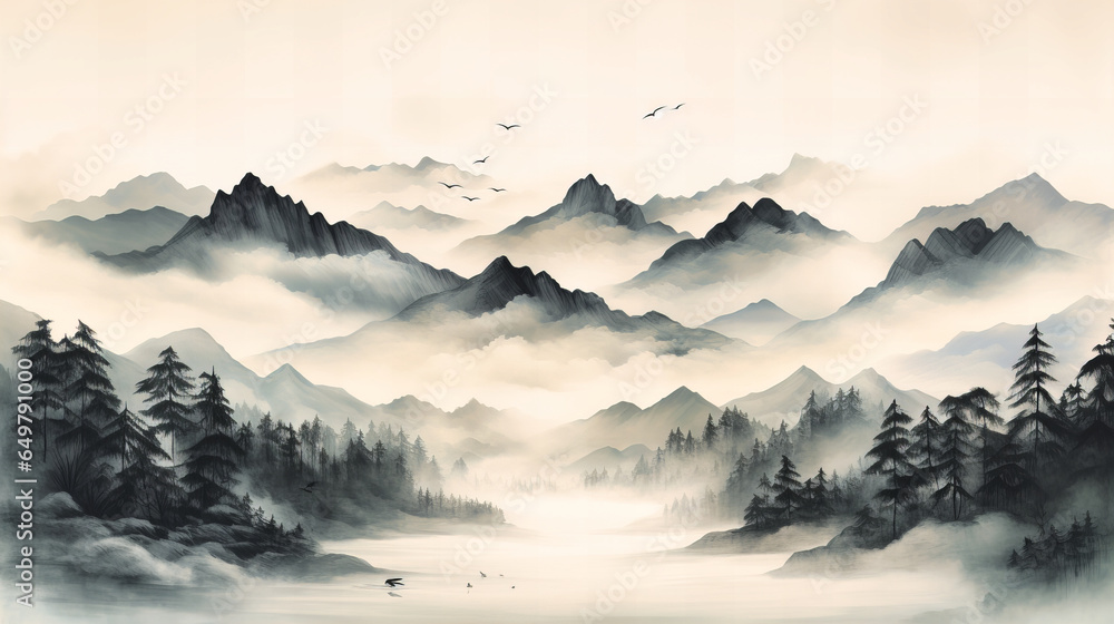 Monochromatic Ink Washes Creating Mountain Landscapes, - obrazy, fototapety, plakaty 