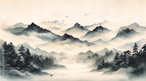 Monochromatic Ink Washes Creating Mountain Landscapes, photo