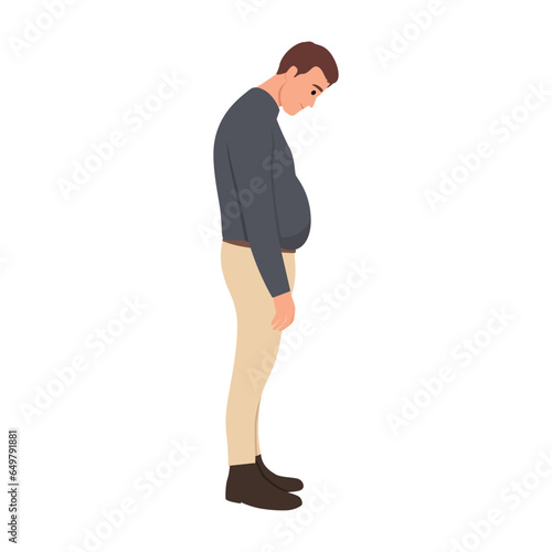 Young overweight man worries about his fat belly. Sad chubby guy looking on big full tummy. Weight loss, diet concept. Flat vector illustration isolated on white background