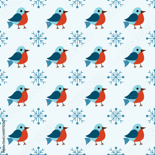 Christmas winter seamless pattern with cute birds bullfinches and snowflakes. Vector flat background.
