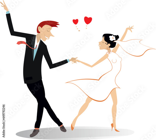 Dancing married wedding couple illustration. 
Heart symbol and dancing happy man and woman in the white dress and wedding veil. Isolated on white background
