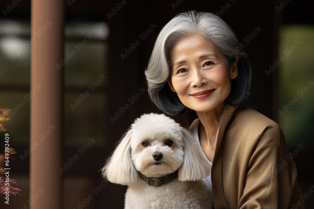 Elderly elegant Asian woman with silver hair in authentic garden with a small white dog Elderly elegant Asian woman with silver hair in authentic garden with a small white dog