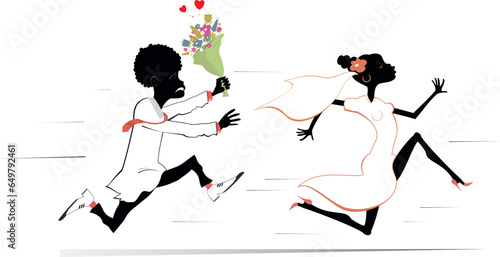African married wedding couple. Bride runs away from the bridegroom. 
Upset bridegroom trying to catch up a runaway bride. Isolated on white background
