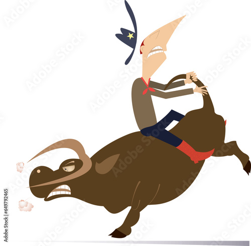 Rodeo. Farmer or cowboy and angry bull. 
Cowboy trying not falling down of the angry bull and holding it by tail. Isolated on white background
