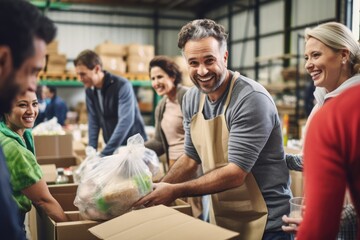 Group of people working in charitable foundation. Happy volunteer looking at food donation box separating donations stuffs