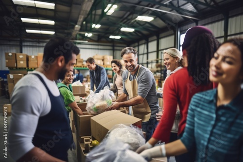 A group of diverse people volunteering at a local food bank showcasing compassion generosity and community service, photo