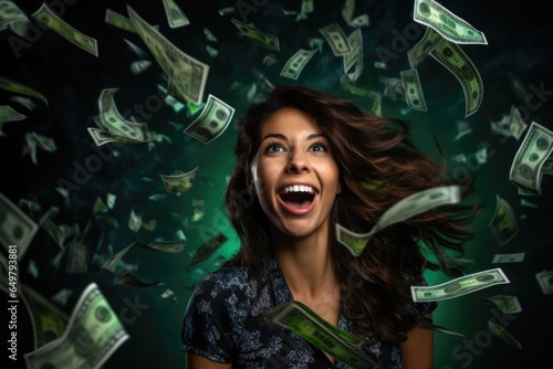 Attractive woman surrounded by dollar bills. Win money image for advertising.