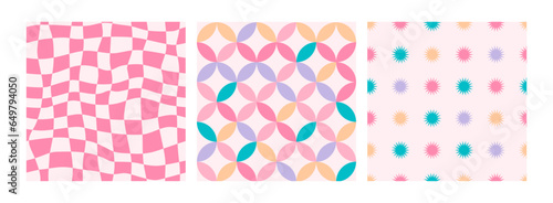 Groovy retro seamless patterns with chess, stars and geometric shapes. Set of vector backgrounds in trendy funny trippy y2k style. Lilac and pink colors. Fun hippie texture for surface design.