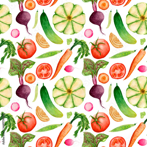 Fototapeta Naklejka Na Ścianę i Meble -  Watercolor pattern, pumpkin, carrot, cucumber, tomatos, beetroot on a white background. For food products, wrapping, etc