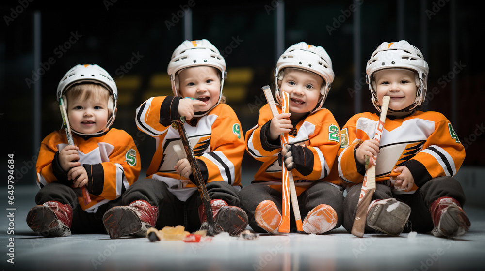 A cute picture of baby hockey players sitting together, enjoying snacks like orange slices and juice boxes during halftime, recharging for the second half - obrazy, fototapety, plakaty 