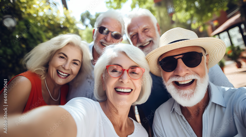 Group of happy senior people taking selfie pic with smartphone and smiling at camera, older friends having fun together