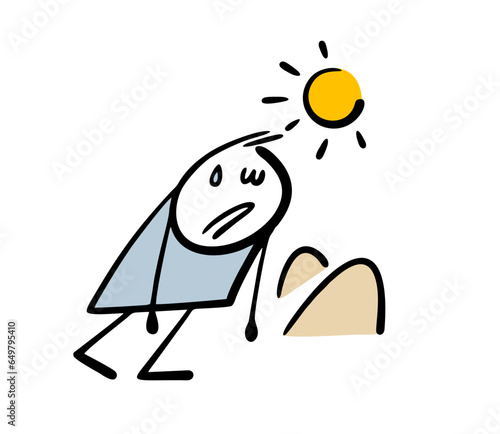 Tired stickman wanders through the desert, dying of thirst without strength. Vector illustration of an unfortunate traveler under the scorching sun, sweating.