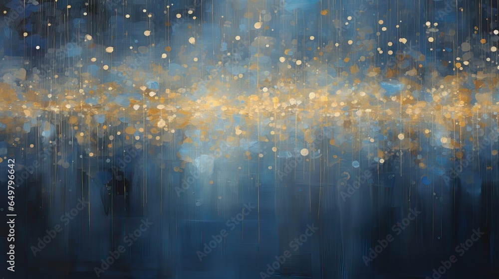 Golden and Cyan Particles over a Blurred Background. Shiny and Defocused Particles.
