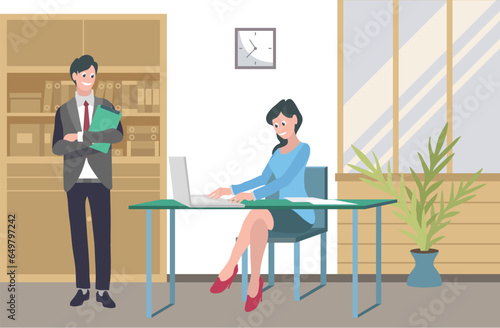 Two business people talking in office at meeting. Male boss giving advice to his secretary. Office characters communicating together at workplace. Manager man giving instructions to female subordinate