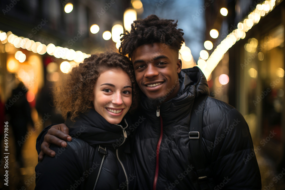 Selfie of two nice multiethnic, multinational, multirational teenage couple spending time together. Dating of young people in love relationship concept