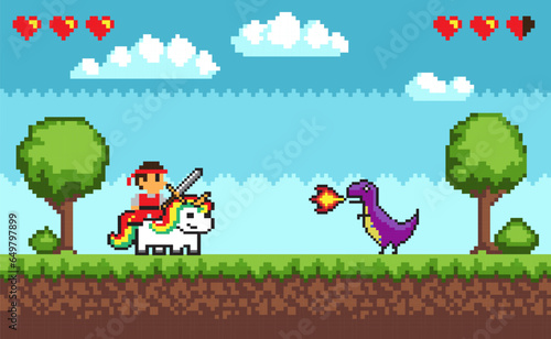 Pixel game fight screen. Retro 8 bit video game interface with hero and dragon, computer game landscape background. Vector pixel art illustration. Game screen pixel, retro video game