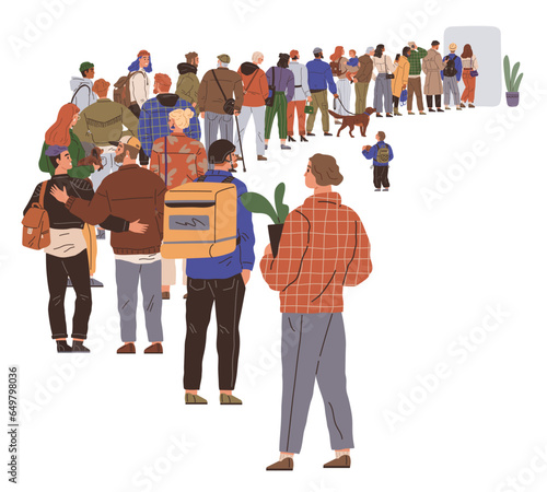 Big queue. Many multitude people. Vector illustration. People in queue chatted amongst themselves, making wait more bearable The crowd queuing outside store was testament to popularity event