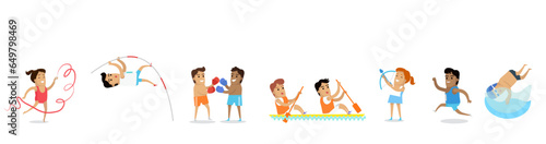 Sport concept banners. Sport games. Traditional world famous International competitions in summer sports. Cartoon characters athletes compete in different disciplines.