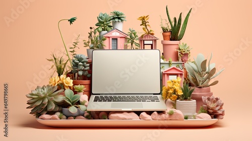 Laptop sorrunded by plants photo realistic illustration - Generative AI. photo