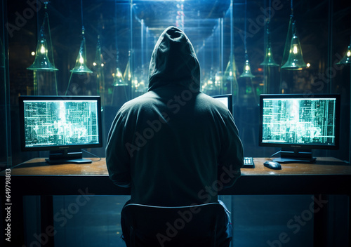 Wallpaper Mural Generative AI. A man wearing hoodie from behind. Multiple computer screen. Threat actor attempts to launch cyberattack. Hackers at command centre Torontodigital.ca