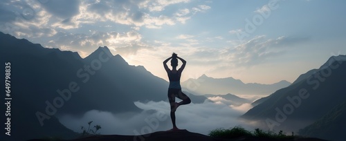 Silhouette of a woman practicing yoga in the summit with mountain Background.