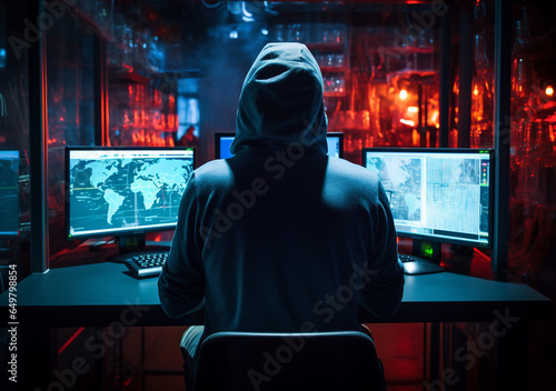 Wallpaper Mural Generative AI. A man wearing hoodie from behind. Multiple computer screen. Threat actor attempts to launch cyberattack. Hackers at command centre Torontodigital.ca