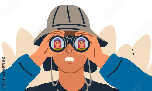 Spying, observing and sneaking. Vector illustration. Sneaking secret, covert operation painted in shadows Spying person, silent silhouette casting watchful eyes Making observation, craft of collecting