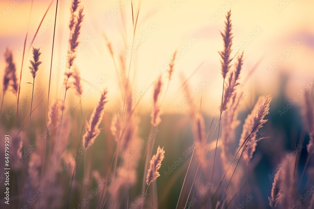 Wild grass in the forest at sunset. Abstract summer nature background. - obrazy, fototapety, plakaty 