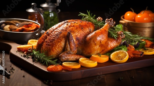 Thanksgiving feast. A mouthwatering baked turkey in honor of the holiday