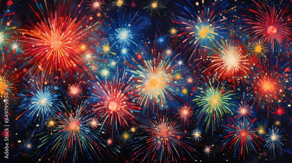  a painting of fireworks in the sky with red, white, and blue colors.  generative ai