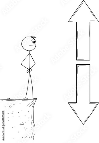 Person Looking at Up and Down Arrow, Vector Cartoon Stick Figure Illustration
