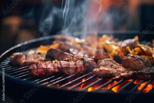 Meat grilling on a charcoal grill with smoke rising..