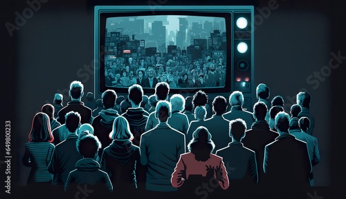 People crowd watching TV. TV addiction, propaganda and fake news concept. photo